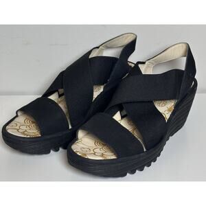 Fly London YAJI888FLY Cupido Leather Women's 39(8.5) Black Wedge Sandals Strappy